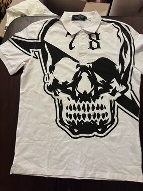 Philipp Plein White Polo with Black Skull Graphic